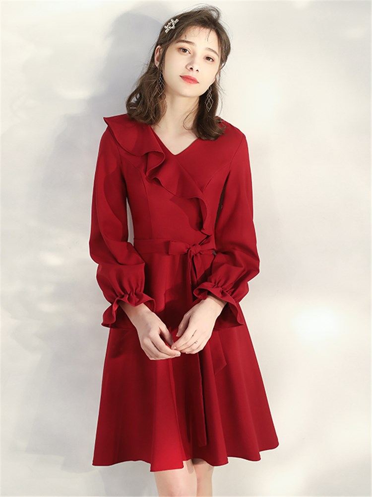 唐惑女长袖短款酒红色小礼服
