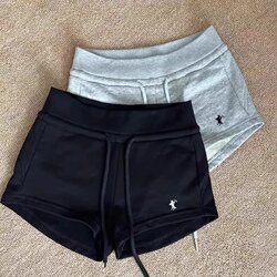 Pony Logo Embroidered Sports Shorts, Hot Girl Hot Pants, Drawstring Casual Pants, Women's Summer High-Waisted Straight Pants, Black Pants
