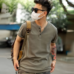 Waffle Knit Short-Sleeve Men's T-Shirt, Summer Men's Short-Sleeve T-Shirt, Simple, Loose, Breathable, Versatile, Henry Collar, Round Neck T-Shirt