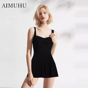 The new black skirt swimsuit hot spring conservative and thin conjoined sexy covered stomach swimwear retro gathering bikini
