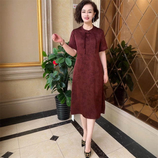 Summer short-sleeved Chinese-style silk satin jacquard dress, fashionable age-reducing mother's dress, Xiangyun gauze western-style long skirt