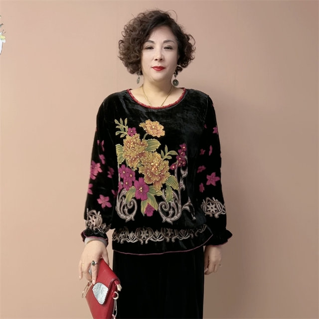 High -end autumn and winter mulberry silk, feldrobin beads, real velvet long sleeves, elderly mother dressing tops T -shirt small shirt