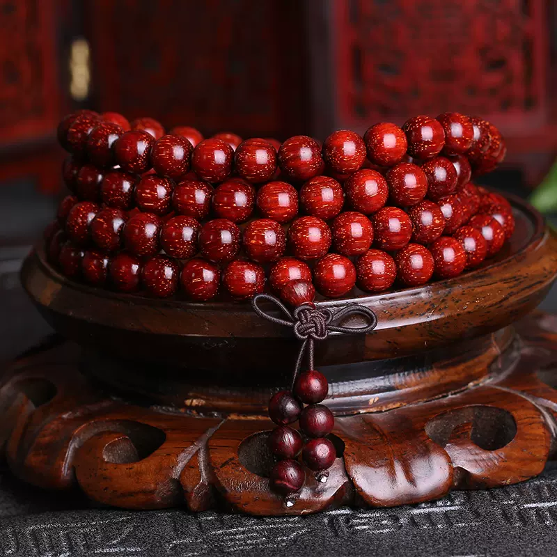 精华文玩 精品印度老料同料顺纹小叶紫檀108颗佛珠手串手链 参禅