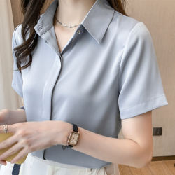Professional Women's Short-Sleeved Summer Shirt for Petite Figures, Acetate Satin Workwear, Stylish Formal Interview White Shirt