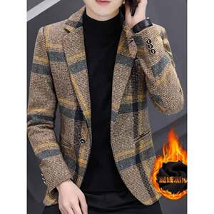 
British woolen plaid suit for men spring and winter slim short plus velvet and thickened casual small suit coat