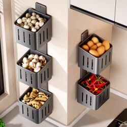 New Kitchen Storage Rack Wall-Mounted Multifunctional Storage Organizer for Ginger, Onion, and Garlic, No-Drill Wall-Mounted Basket