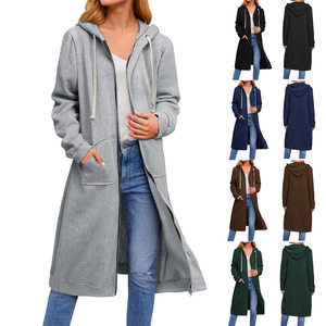 European and American cross -border export autumn and winter women's medium long windbreaker jacket large -size fleece loose zipper hooded cardigan sweater
