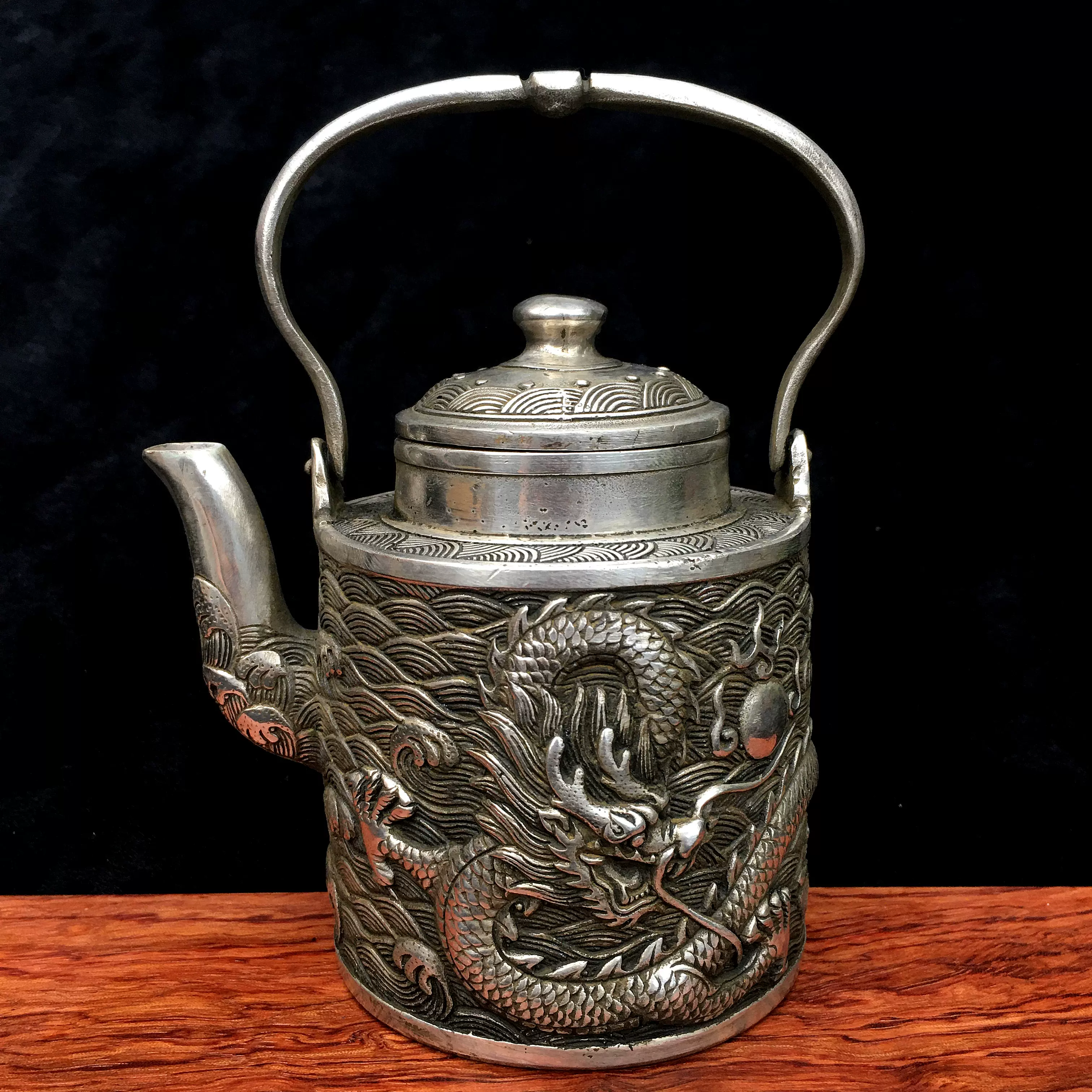 大清乾隆年制鍍銀銅壺擺件飛龍紋提樑壺龍壺仿古純銅茶壺古董銅器-Taobao