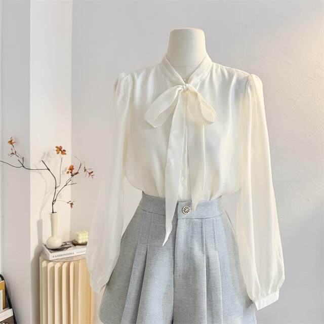 French gentle style lace-up bow long-sleeved shirt for women 2025 spring age-reducing streamer top imitation tiny shirt
