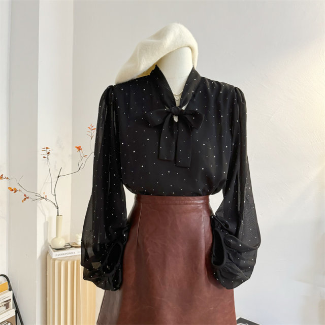 Sequin polka dot black lace-up bow chiffon shirt women's 2025 spring design lantern sleeve shirt top
