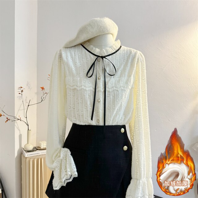French sweet lace tied fungus stand-alone lace shirt for women in autumn and winter plus velvet thickened temperament bottoming shirt top apricot