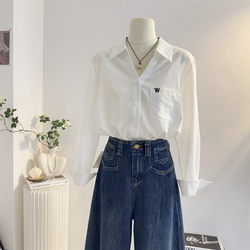 Casual Letter Embroidered White V-Neck Long-Sleeved Shirt for Women 2025 Autumn Loose Casual Elegant Shirt Work Clothing Top