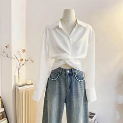 Twisted Long-Sleeved White Shirt for Women, 2025 Spring Design, Niche Short Style, Stylish Blouse with Multiple Wearing Options, Satin Top