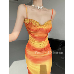 
Island season~Vacation style gradient color mesh suspender dress women's lace slimming hip-hugging long skirt dopamine style