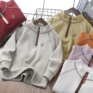 
Boys' spring and autumn long-sleeved T-shirt glutinous rice velvet casual spring bottoming shirt children's stand-up collar top 2026 new sweatshirt