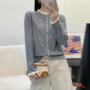 
Lace stitching round neck color-blocked knitted cardigan for women 2026 spring new style high-end thin sequined sweater jacket