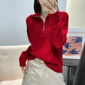 
Half zipper lapel sequined sweater for women 2025 autumn and winter new style jacquard dense bear wool loose bottoming sweater