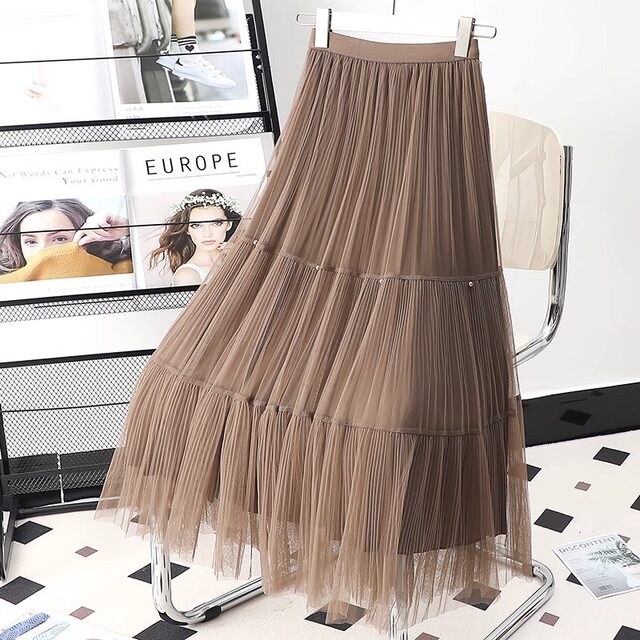 Mesh beaded skirt for women with pleated skirts for high waist mid-length A-line spring and summer two sides of spliced ​​long skirt