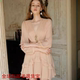 
French niche fashion 2025 design sense hollow rhinestone champagne powder long sleeve V-neck waist-hugging vacation dress for women