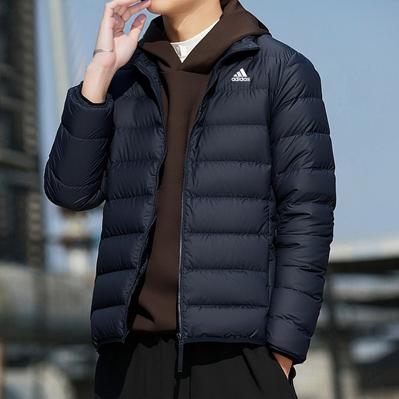 
Adidas light down jacket men's winter new stand-up collar thickened jacket navy blue men's rib duck down jacket