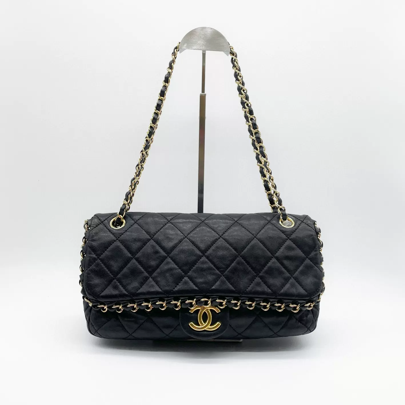 8年中古］现货正品98新Chanel 限定款黑金牛皮双链CF二手包-Taobao