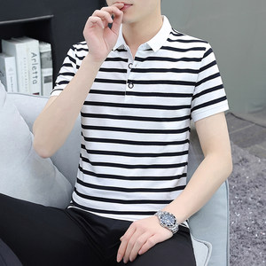 
Summer lapel men's short-sleeved T-shirt pure cotton trendy striped polo shirt youth handsome slim collar top clothes