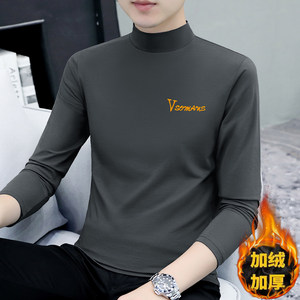 Autumn and winter half-high neck base shirt for men's long-sleeved T-shirt pure cotton autumn clothes versatile plus velvet simple thickened thermal underwear
