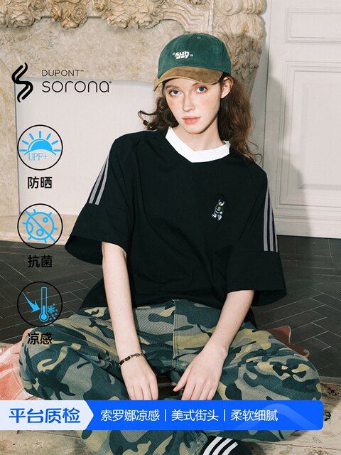 BEETLE TOWN rag-striped striped V-neck short-sleeved T-shirt for women's summer bear series Solona cool top