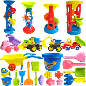 
Children's beach toy set for digging sand, hourglass, large car and bucket, baby playing with sand shovel, playing with cassia tools