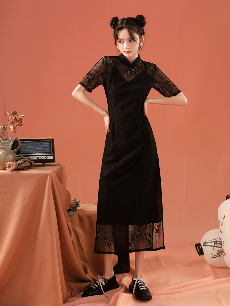 Cheongsam, long retro lightweight black lace dress, Chinese style