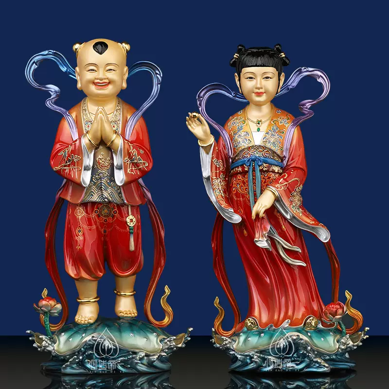 金童玉女佛像善财童子龙女铜像台湾鎏金纯铜