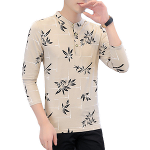 Spring and autumn pure cotton new printed long -sleeved men's T -shirt Korean trendy slim top men's stand -up shirt