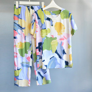 
Cotton silk pajamas for women in summer thin cotton home clothes short-sleeved 7-point pants middle-aged and elderly people wear artificial cotton suits