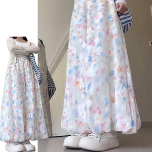 
Forest style small fresh floral wide leg skirt pants for women summer 2026 new style lazy high waist ice silk nine-point flower bud pants