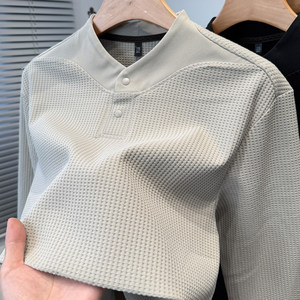 
Peach collar waffle sweatshirt men's 2025 new autumn and winter young and middle-aged casual long-sleeved t-shirt men's solid color inner wear