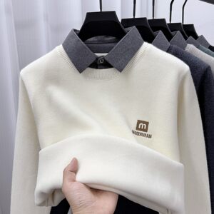 
One-piece velvet shirt collar fake two-piece sweater men's chenille velvet thickened winter coat with knitted sweater thermal layer