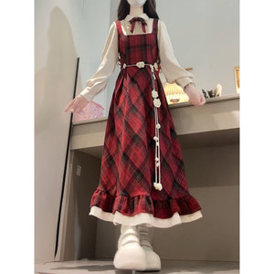 
2025 Sweet College Style Fake Two-Piece Plaid Red Dress Female Student Christmas Retro Long Sleeve A-Line Dress