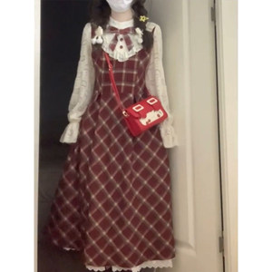 
Niche sweet girl college small fragrance style Christmas red plaid bow high waist dress slim and slim spring new style