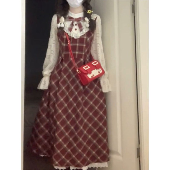 
Niche sweet girl college small fragrance style Christmas red plaid bow high waist dress slim and slim spring new style
