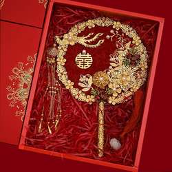 Bride's Xiuhe Dress, Dragon and Phoenix Gown, Traditional Chinese Costume, Hand-Held Fan, Hanfu Fan, Wedding Fan, Golden Handicraft Round Fan