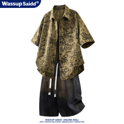 Wassup Saidd American-Style Short-Sleeve Set with Graffiti Print Shirt for Men, Summer Tie-Dye Shorts, Trendy Brand for Teenagers
