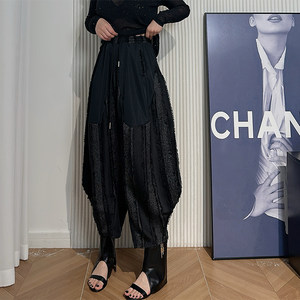 
Dan Dan Yamamoto style black elastic waist wide leg pants for women, spliced pleated fabric loose harem pants for slimming
