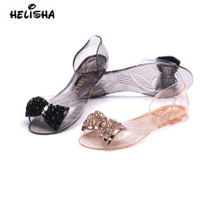 Bulleton Shark's new transparent sandals female Xia Ping bottom jelly shoes glass diamond bows fashion shoes plastic fish mouth shoes