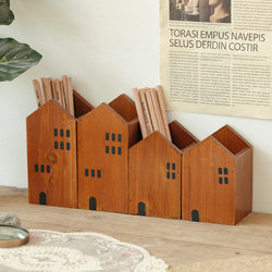 Zakka Retro Wooden House Shape Storage Desktop Cosmetics Stationery Miscellaneous Storage Organization Wooden Box Pen Holder