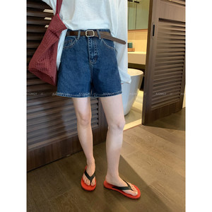 
Love Devil Fish Blue Belted Denim Shorts Women's 2026 Summer New High Waisted Versatile Straight Pants
