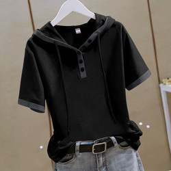 Summer Hooded Short-Sleeved T-Shirt for Women, Pure Cotton, Stylish 2026 New Fashion Splicing, Loose and Versatile, Age-Reducing Top