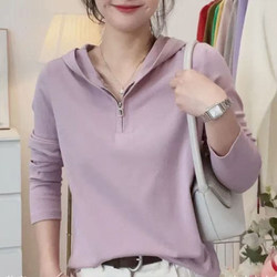 Autumn Hooded Long-Sleeved T-Shirt for Women, Pure Cotton, 2026 New Style, Fashionable Half-Zip, Versatile, Loose and Slimming Top