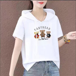 Plus Size Hooded Short-Sleeved T-Shirt for Women, Pure Cotton, 2026 Summer New Style, Loose, Casual, Versatile Sweatshirt, Fashionable and Stylish