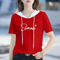 Pure Cotton Patchwork Hooded T-Shirt for Women, Short-Sleeved, 2026 Summer New Style, Plus Size, Loose Fit, Thin Sweatshirt for Plus-Size Women