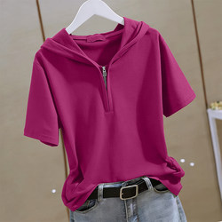 Pure Cotton Half-Zip Hooded Short-Sleeved T-Shirt for Women, Summer 2026 New Style, Loose, Large Size, Slimming, Stylish and Versatile Top